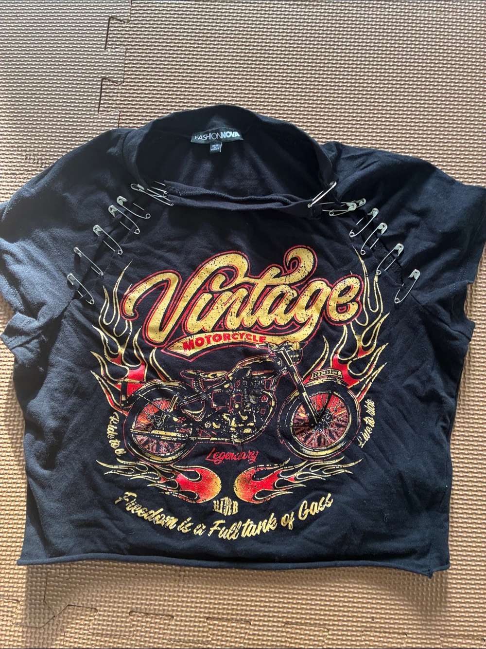 Fashion Nova Black Graphic Tee with Red and Gold Flame Motorcycle Design
